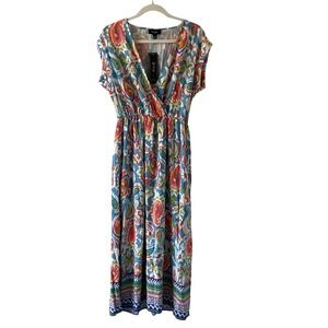 MSK Womens Blue Paisley Ikat Print V-Neck Elastic‎ Waist Maxi Dress Small